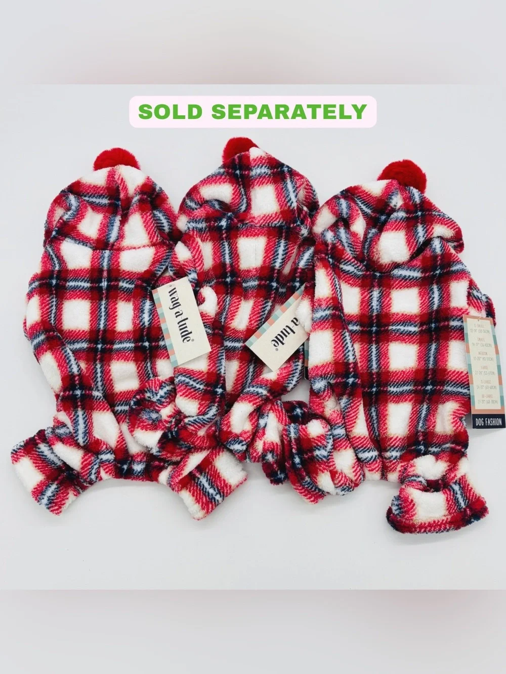 Wag A Tude Dog Pajamas XS Red Plaid Plush Hooded Pom Pom Pet Fleece Sleeper NWT